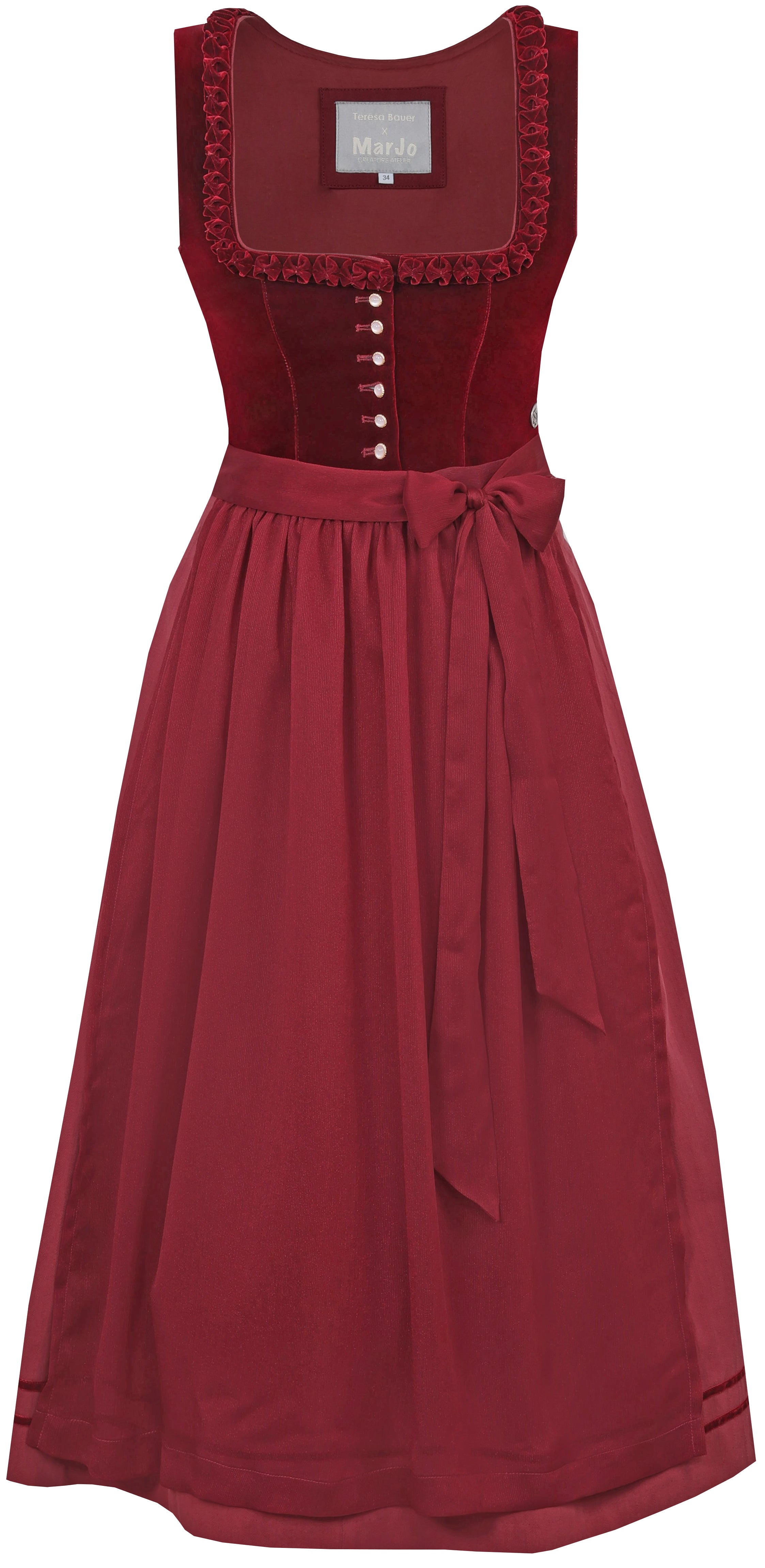 Dirndl Cherry Chante von Teresa Bauer. Rotes Dirndl mit Froschgoscherl, Knöpfe in Glas Gold Optik. Der Hingucker 2025 auf der Wiesn
