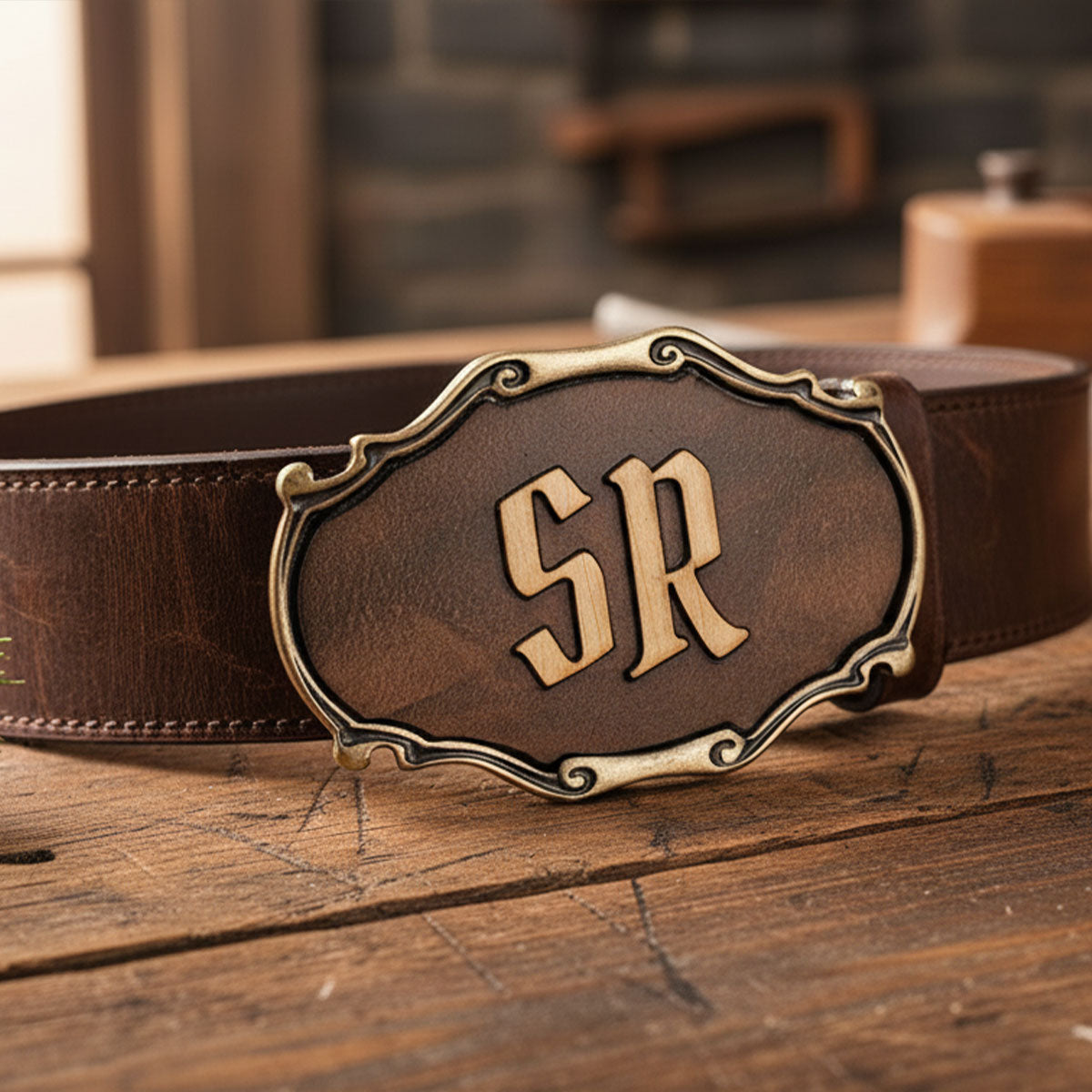 Gürtelschnalle mit Initialen Leder und Holz Kombination ab 1 Stk.