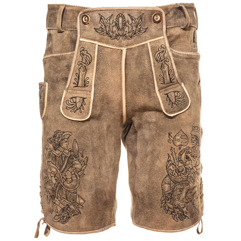 Himmel Arsch und Zwirn Lederhose Königsmörder. Beige Lederhosen mit aufwändigem Stick. Datschi Trachten ist offizieller Himmel Arsch & Zwirn Händler