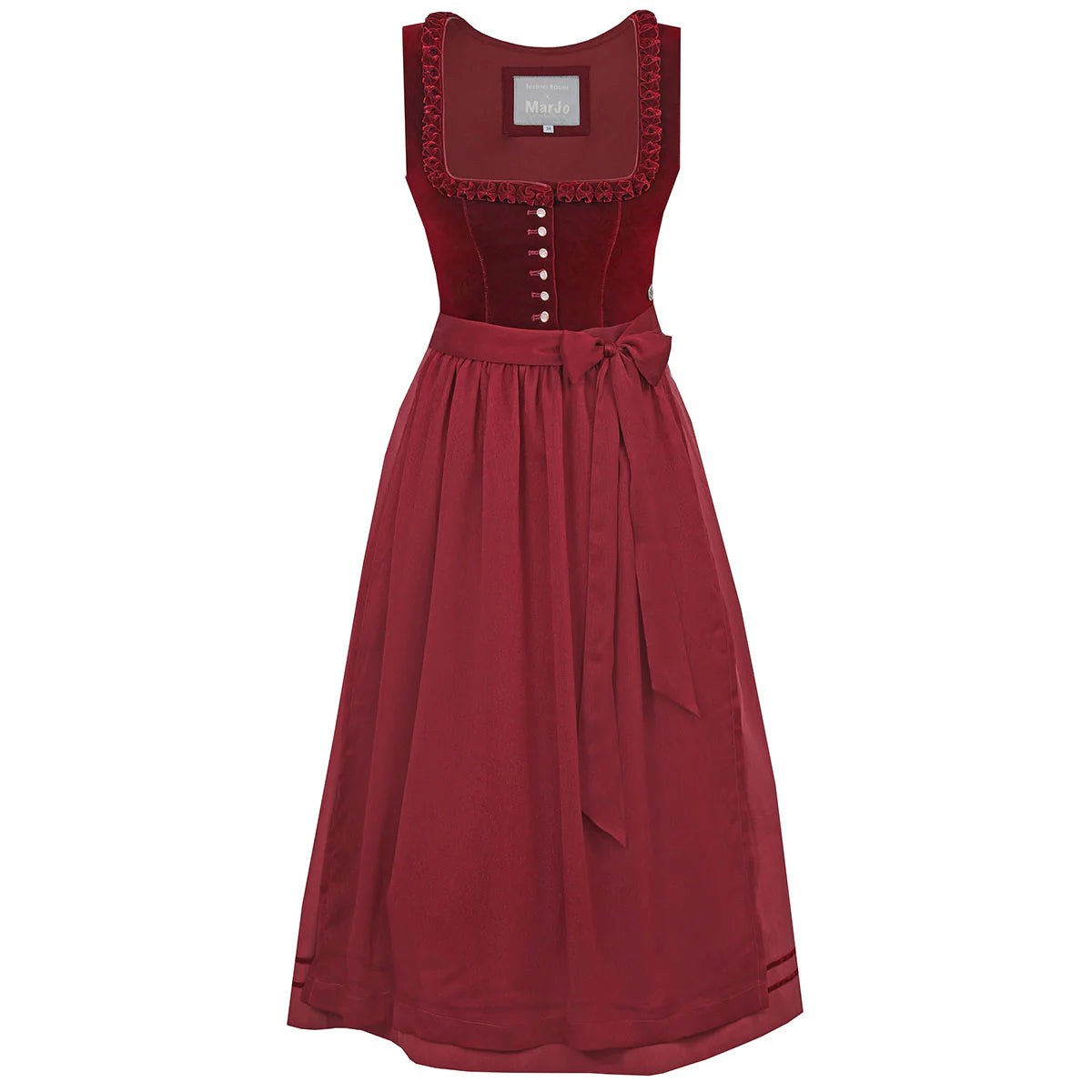 Rotes Dirndl von MarJo Trachten x Teresa Bauer. Ein Traum in Rot mit Froschgoscherl, Samtmieder und Leinenschürze