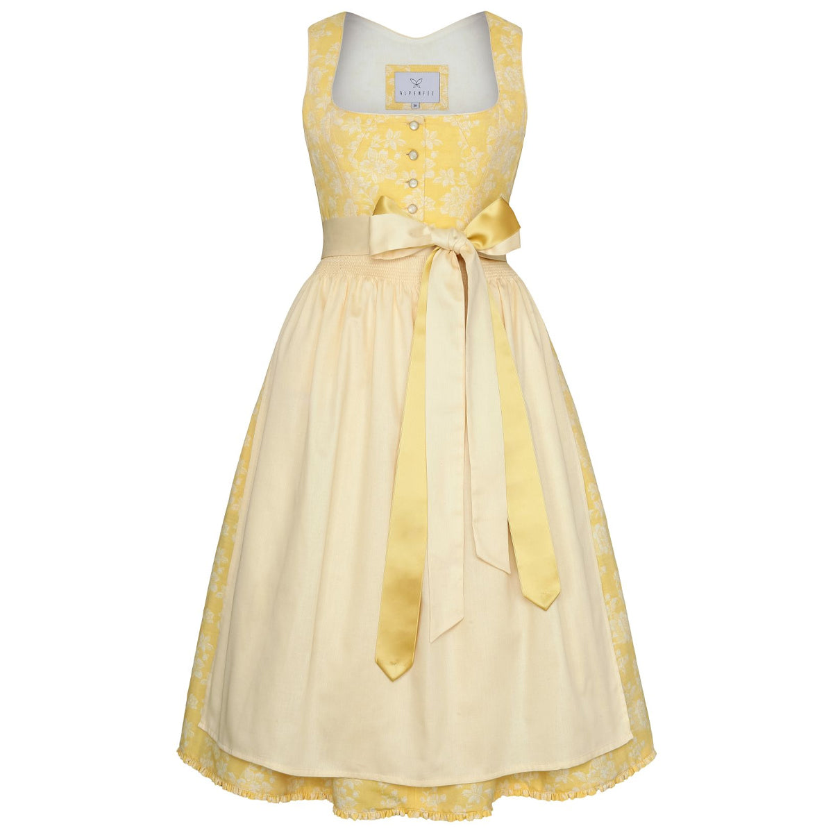 Alpenfee Dirndl Alma Gelb Blumenmuster 70cm mit Knöpfe und Schleife Farbe: Gelb,  Weiß,  Sand