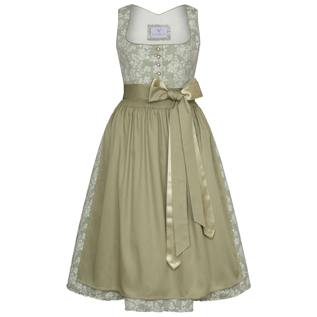 Alpenfee Dirndl Alma Mint Grün Blumenmuster 70cm mit Knöpfe und Schleife Farbe: Grün,  Weiß,  Mintgrün,  Mint