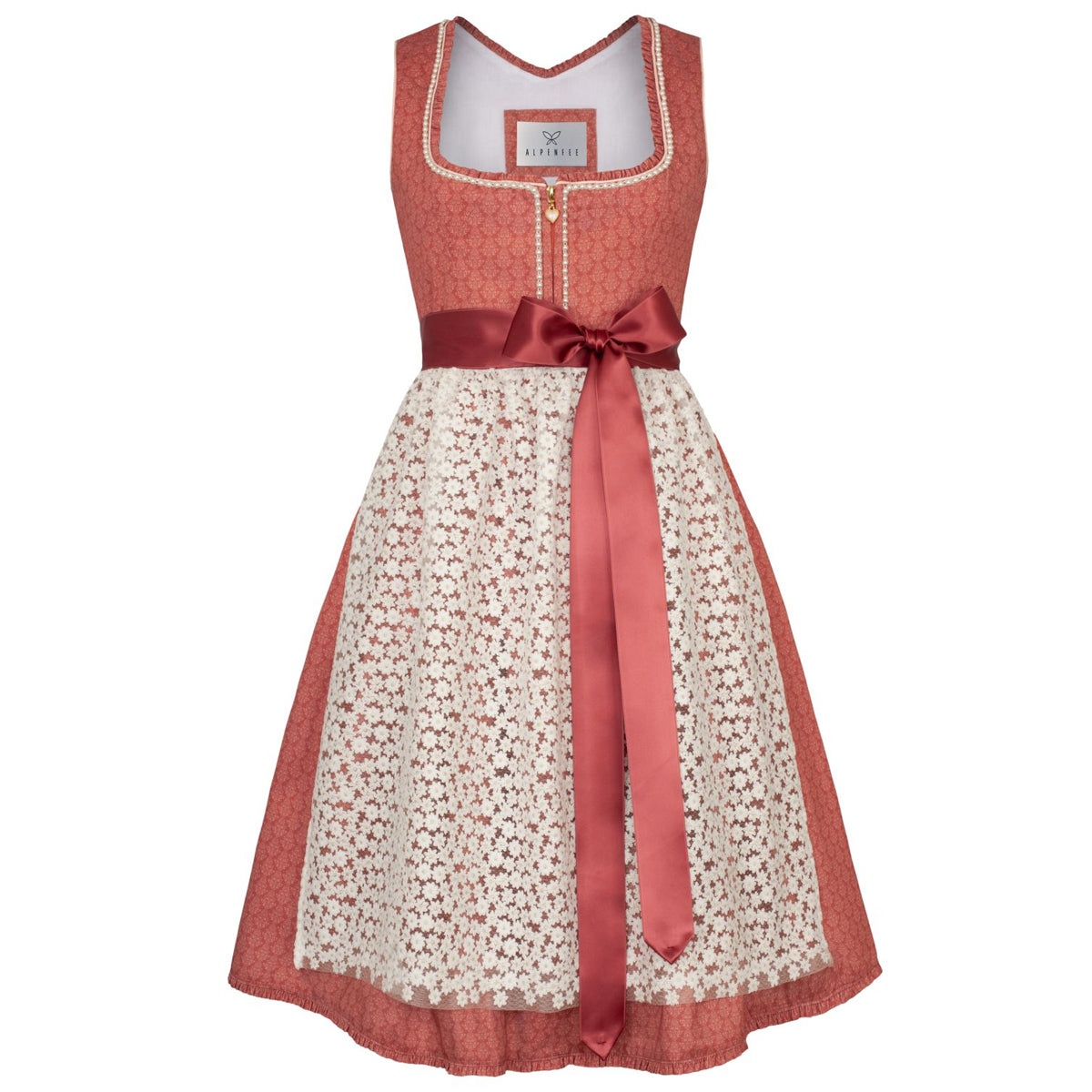 Alpenfee Dirndl Amy Lachs Rot Borte 60cm mit Reißverschluss und Schleife Farbe: Rot,  Weiß,  Rosa,  Rose,  Lachs