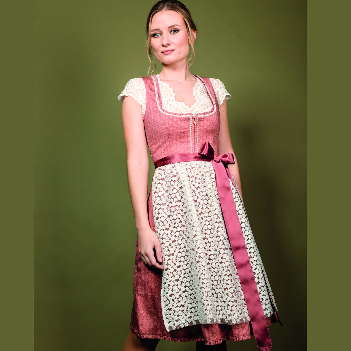 Alpenfee Dirndl Amy Lachs Rot Borte 60cm mit  und Elegant,  Bunt Design Dirndl Längentyp Midi (60-75cm)