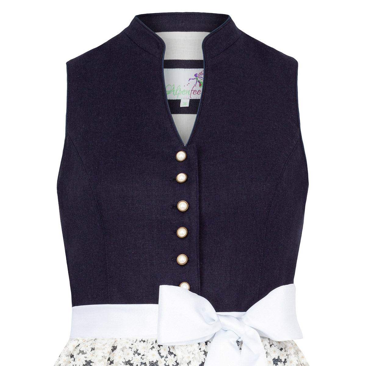 Alpenfee Dirndl Xara Dunkelblau Hochgeschlossen 60cm mit Beidseitige Eingriffstaschen im Rock,  Handytasche und Elegant Design Dirndl Längentyp Midi (60-75cm)