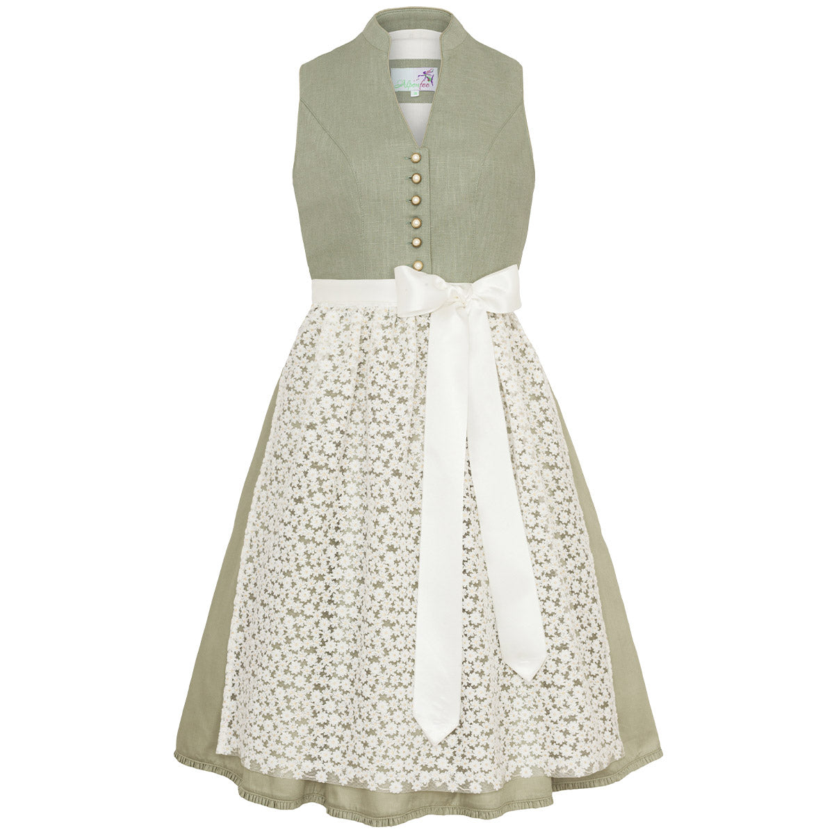 Alpenfee Dirndl Xara Mint Grün Hochgeschlossen 60cm mit Knöpfe und Schleife Farbe: Grün,  Hellgrün,  Mintgrün,  Salbei,  Minze