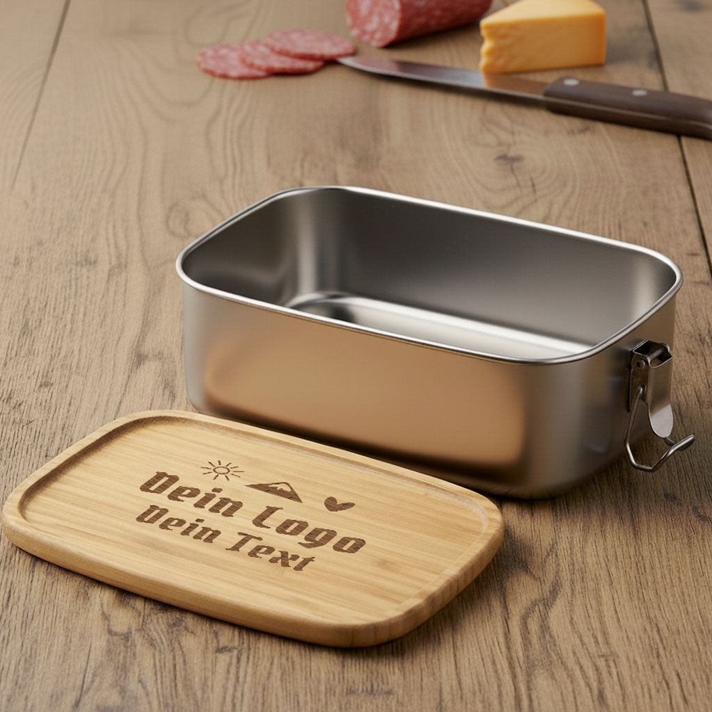 Brotzeitdose mit Holzdeckel mit eigenem Logo ab 1 Stk.