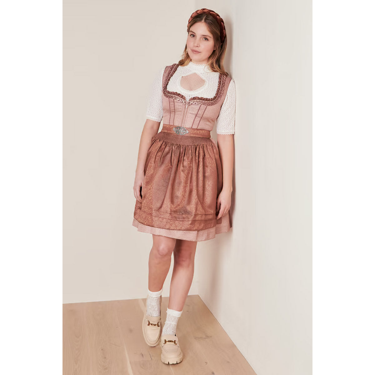 Krüger Dirndl Zafina Bronze Herz-Ausschnitt 50cm mit Reißverschluss und Schließe Farbe: Bronze, Rose