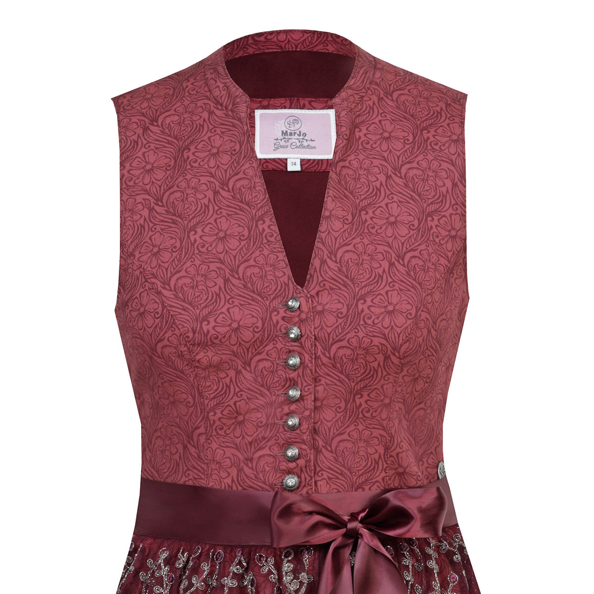 MarJo Dirndl Carola Weinrot/Rot V-Ausschnitt 65cm mit Beidseitige Eingriffstaschen im Rock und Elegant Design Dirndl Längentyp Midi (60-75cm)