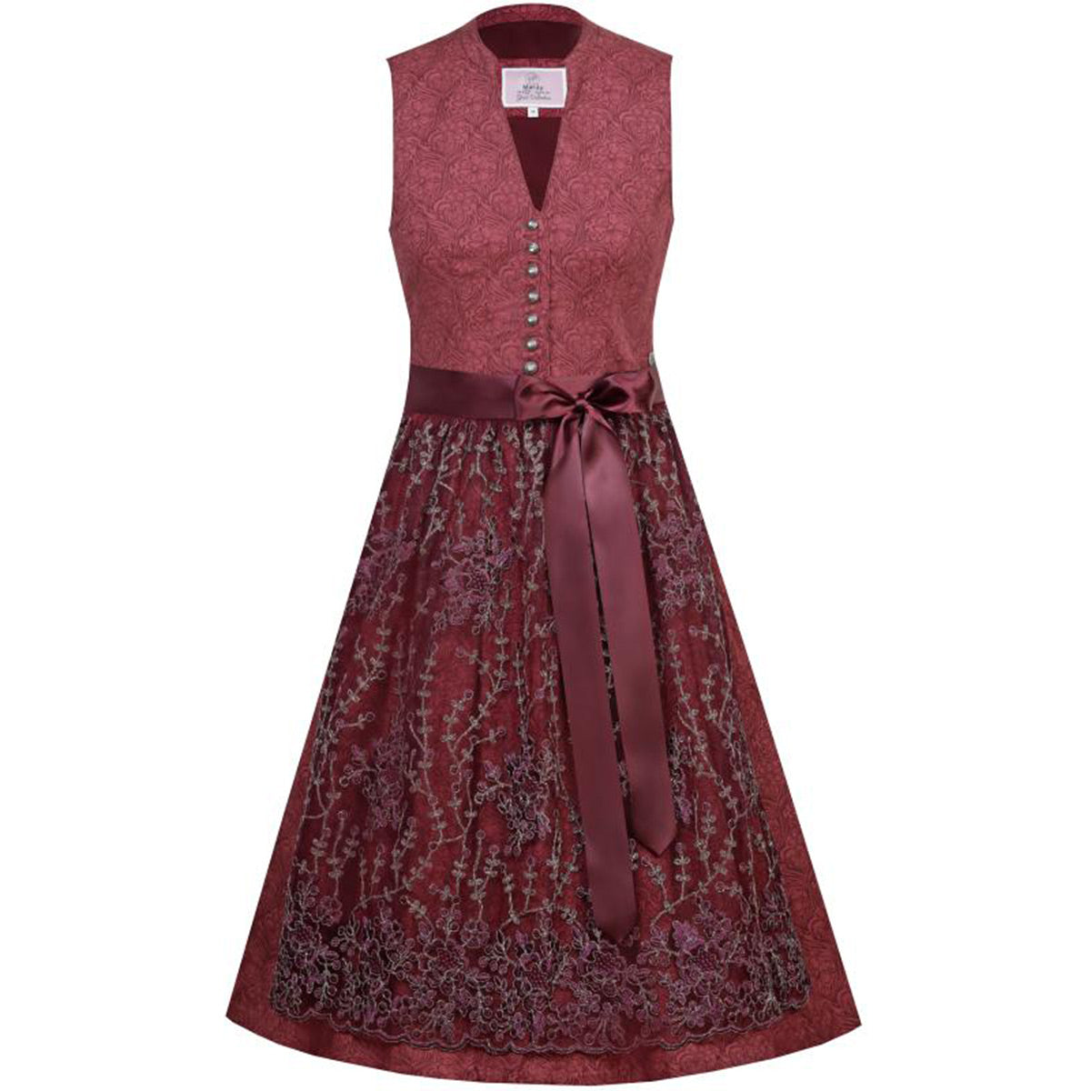MarJo Dirndl Carola Weinrot/Rot V-Ausschnitt 65cm mit Knöpfe und Schleife Farbe: Rot,  Burgundy,  Weinrot,  Kirsche