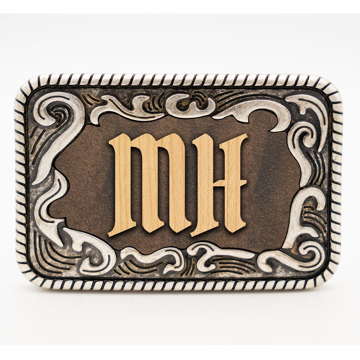 Gürtelschnalle mit Initialen Leder und Holz Kombination ab 1 Stk.