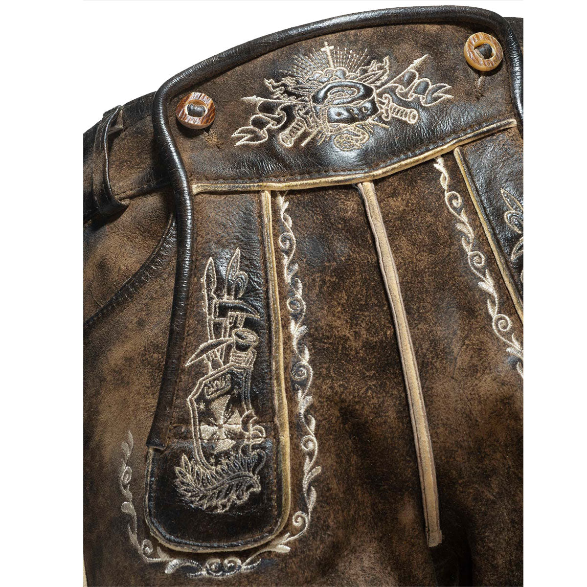 Himmel Arsch und Zwirn Lederhose St. Florian Speckig Tabak Champagne - Datschi Trachten