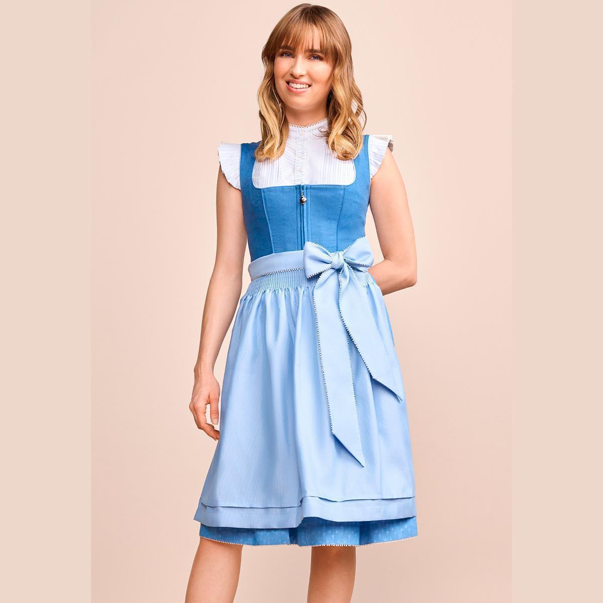 Krüger Dirndl Dorette Hellblau Leinen Mieder 60cm Balkonausschnitt - Datschi Trachten