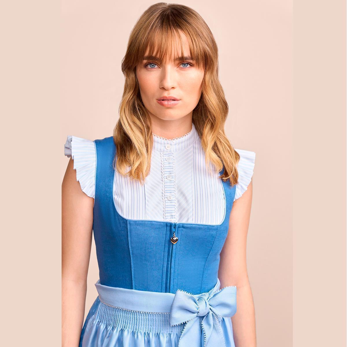 Krüger Dirndl Dorette Hellblau Leinen Mieder 60cm Balkonausschnitt - Datschi Trachten