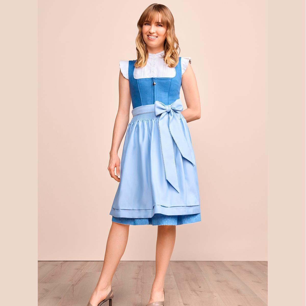 Krüger Dirndl Dorette Hellblau Leinen Mieder 60cm Balkonausschnitt - Datschi Trachten