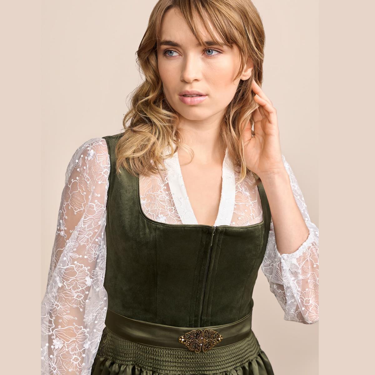 Krüger Dirndl Livie Oliv Grün Samt Reißverschluss 70cm - Datschi Trachten