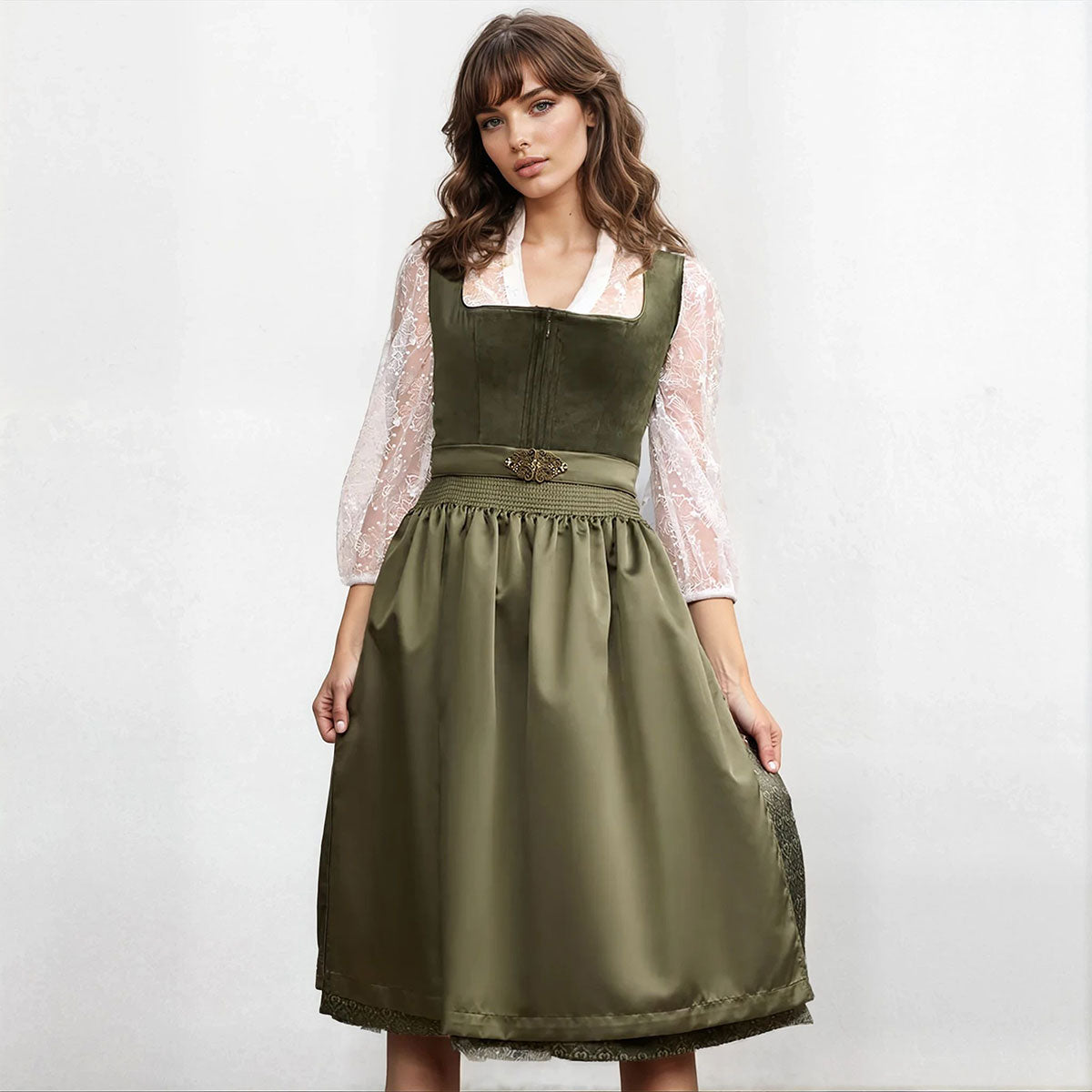 Krüger Dirndl Livie Oliv Grün Samt Reißverschluss 70cm - Datschi Trachten