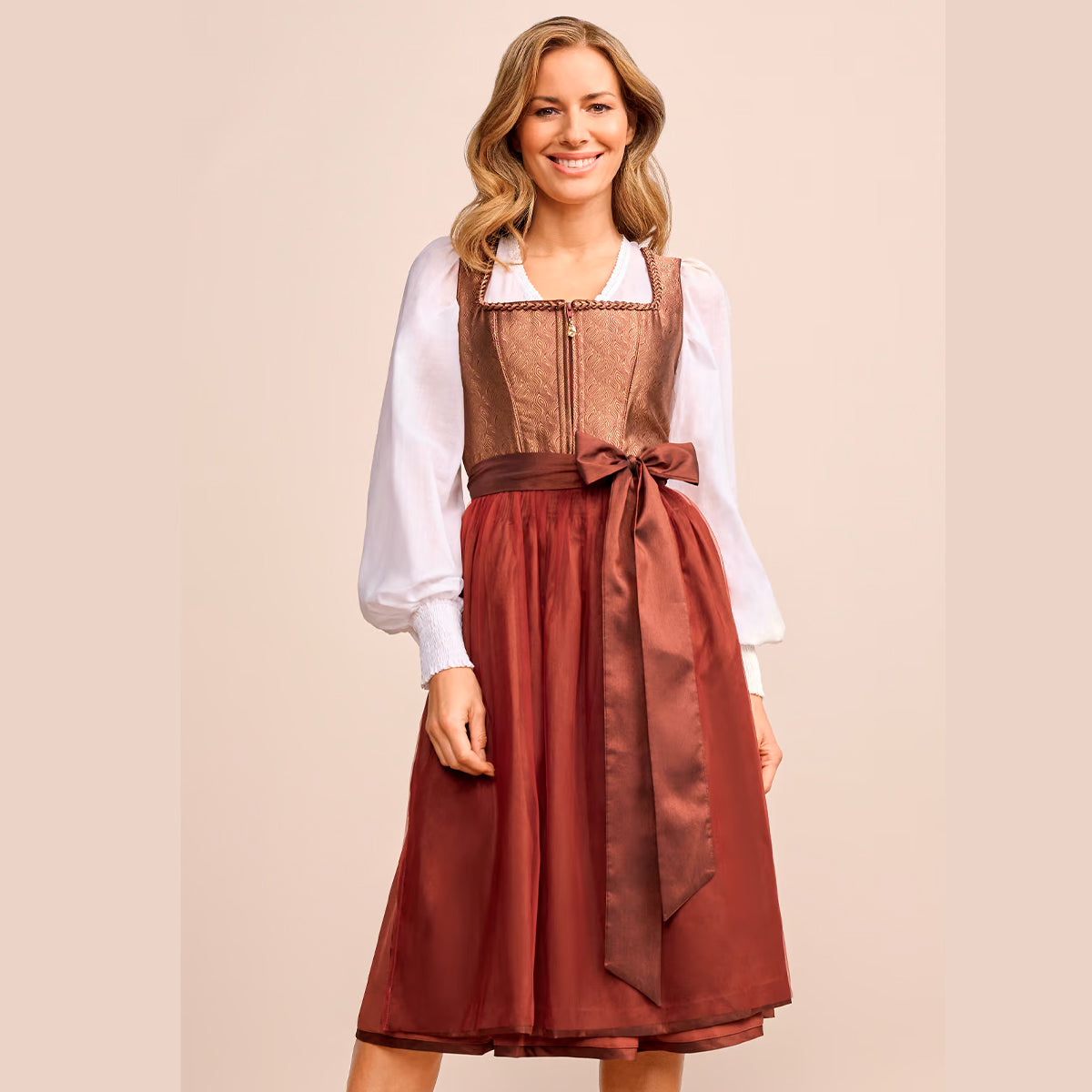 Krüger Dirndl Tamika Rost Braun Bronze Elegant 70cm mit Reißverschluss und Schleife Farbe: Bronze