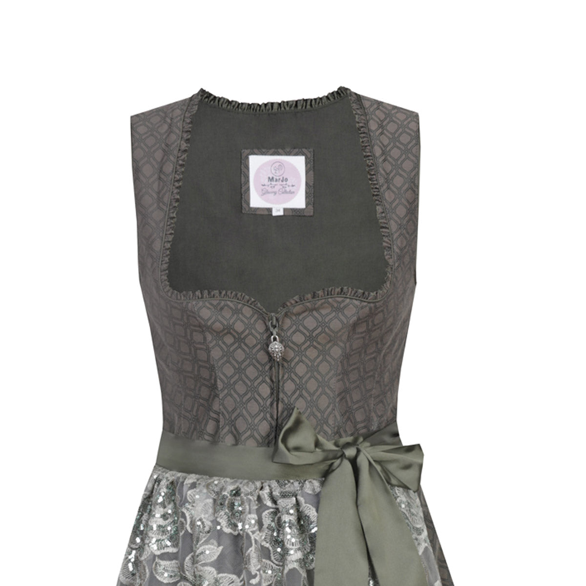 MarJo Dirndl Ampfing Waldgrün Florale Stickerei 65cm mit Beidseitige Eingriffstaschen im Rock, Borte und Elegant Design Dirndl Längentyp Midi (60-75cm)