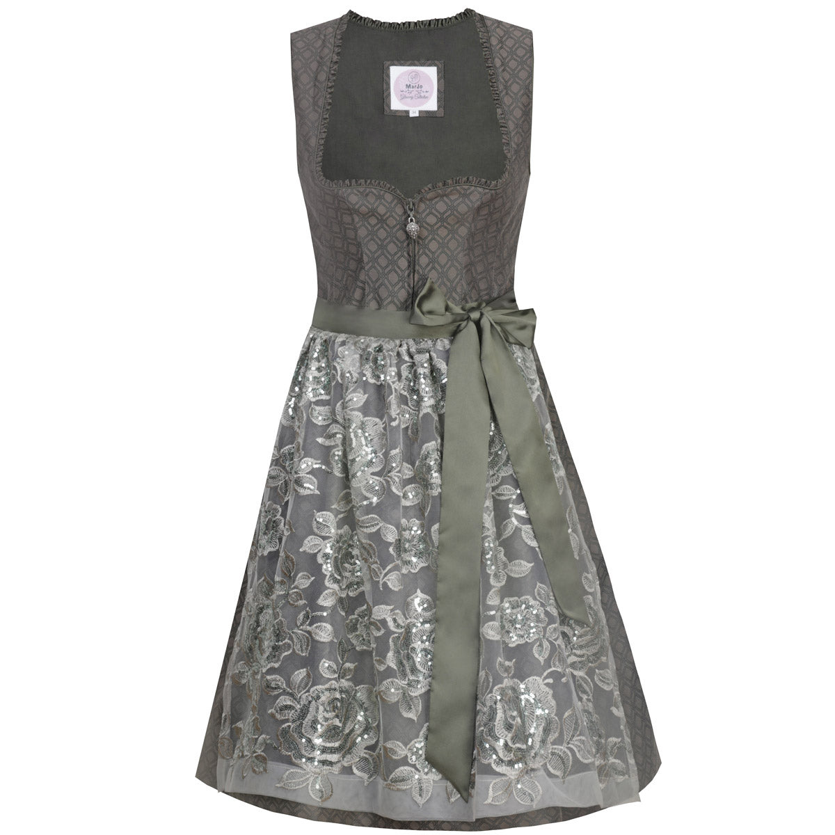 MarJo Dirndl Ampfing Waldgrün Florale Stickerei 65cm mit Reißverschluss und Schleife Farbe: Grün, Dunkelgrün, Khaki, Salbei, Waldgrün, Tannengrün