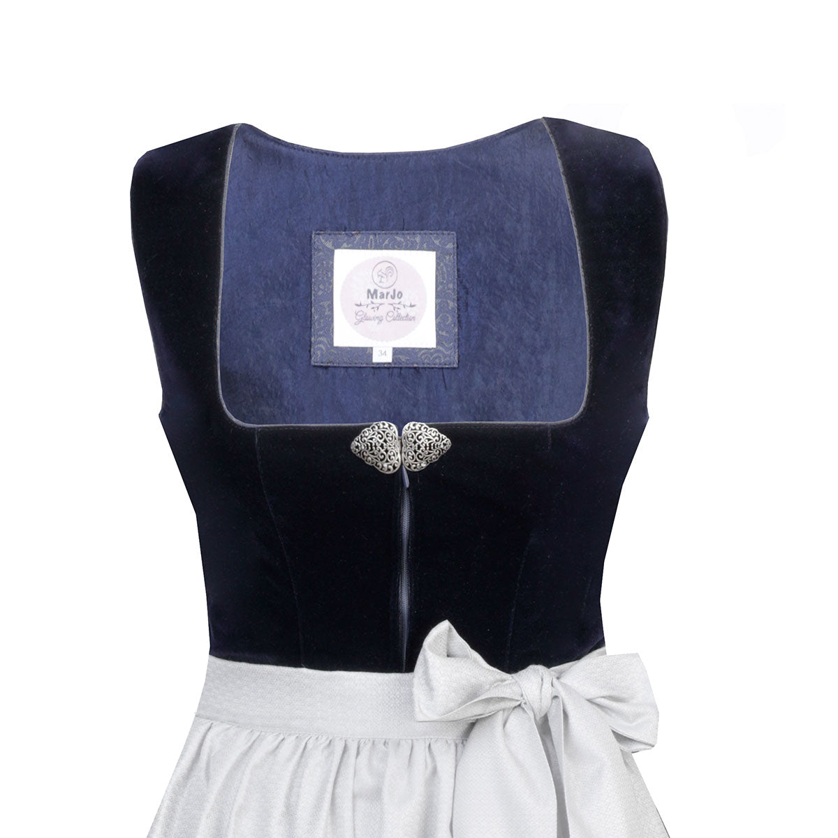 MarJo Dirndl Heidi-Dunkelblau/Silber Samt 65cm mit Beidseitige Eingriffstaschen im Rock und Elegant Design Dirndl Längentyp Midi (60-75cm)