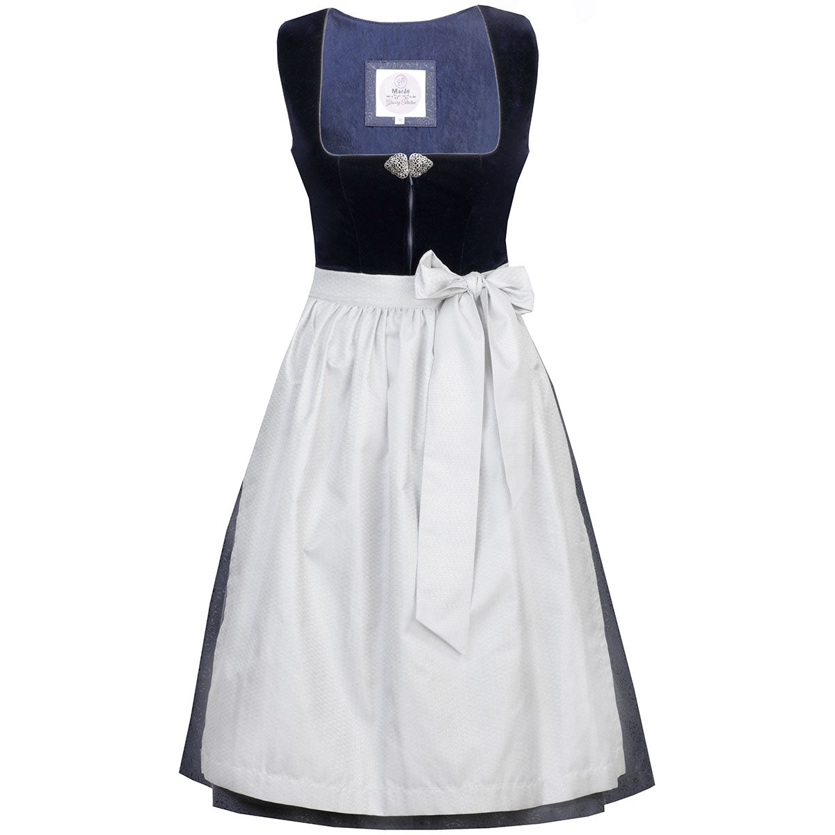 MarJo Dirndl Heidi-Dunkelblau/Silber Samt 65cm mit Reißverschluss und Schleife Farbe: Blau, Dunkelblau, Grau, Silber