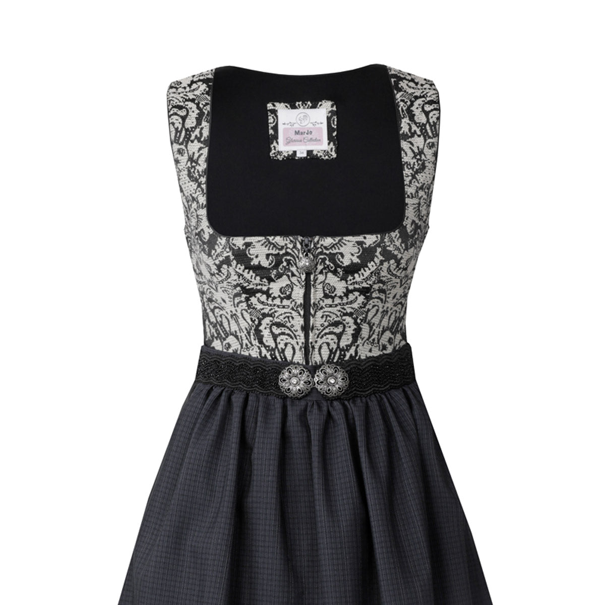 MarJo Dirndl Schöfweg Schwarz Florales Muster 65cm Mieder Muster: Blumen, Ornamente Rock Muster: Blumen, Einfarbig, Ornamente Schürzen Muster: Einfarbig, Gestreift Ausschnitt: Gerader Ausschnitt, Balkonett Ausschnitt