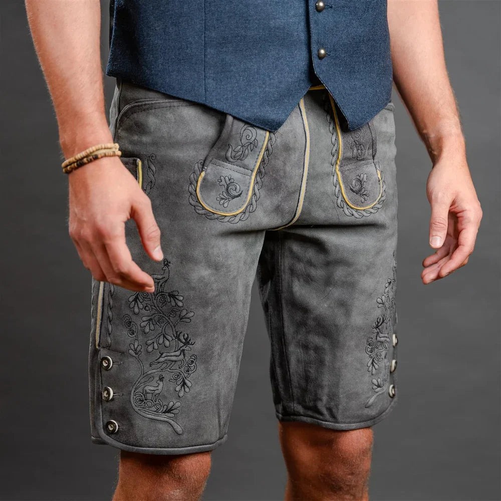 Herren Lederhose in Größe 44 aus hochwertigem Wildbockleder mit traditioneller Stickerei