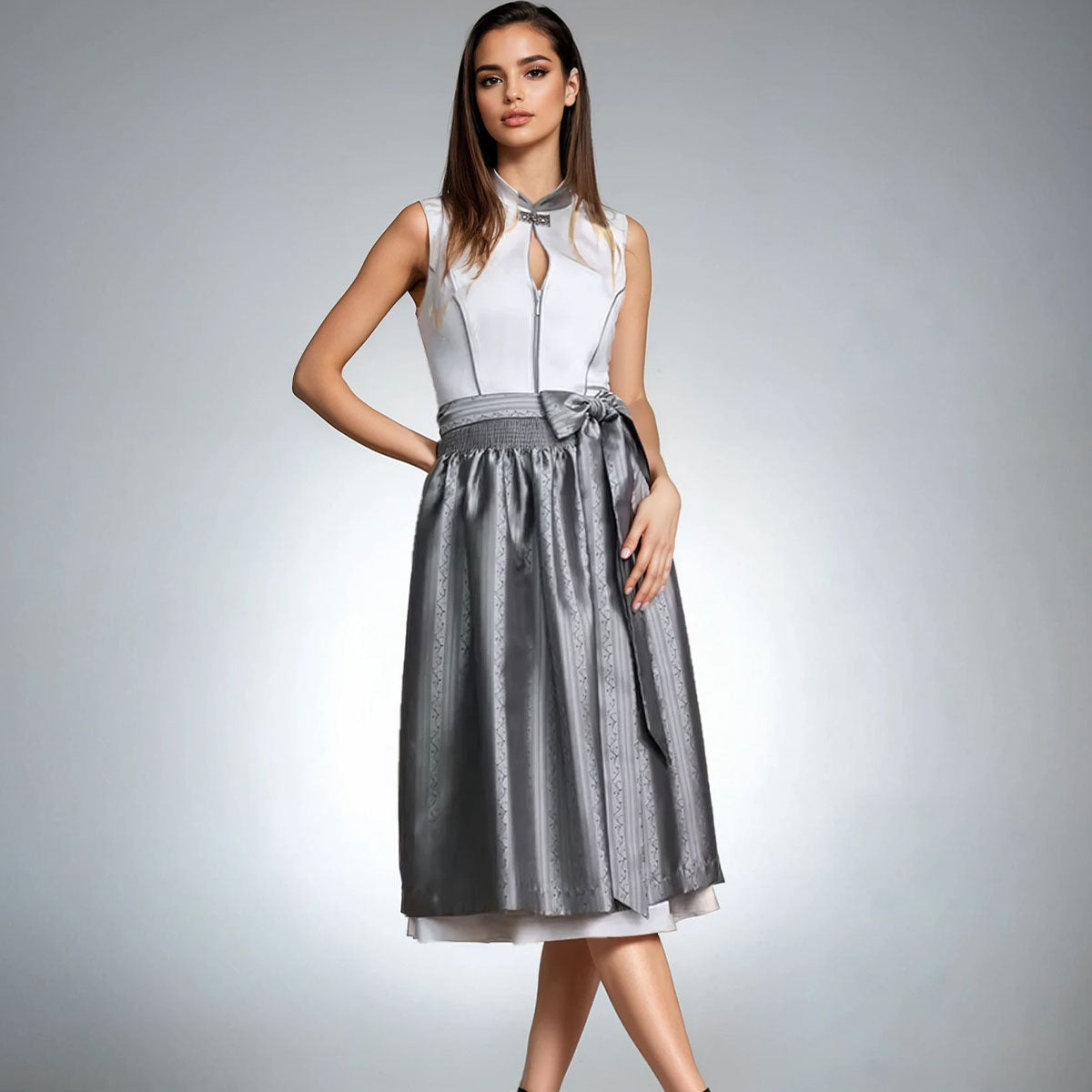 Krüger Dirndl Cressia Grau/Silber Hochgeschlossen 70cm - Datschi Trachten