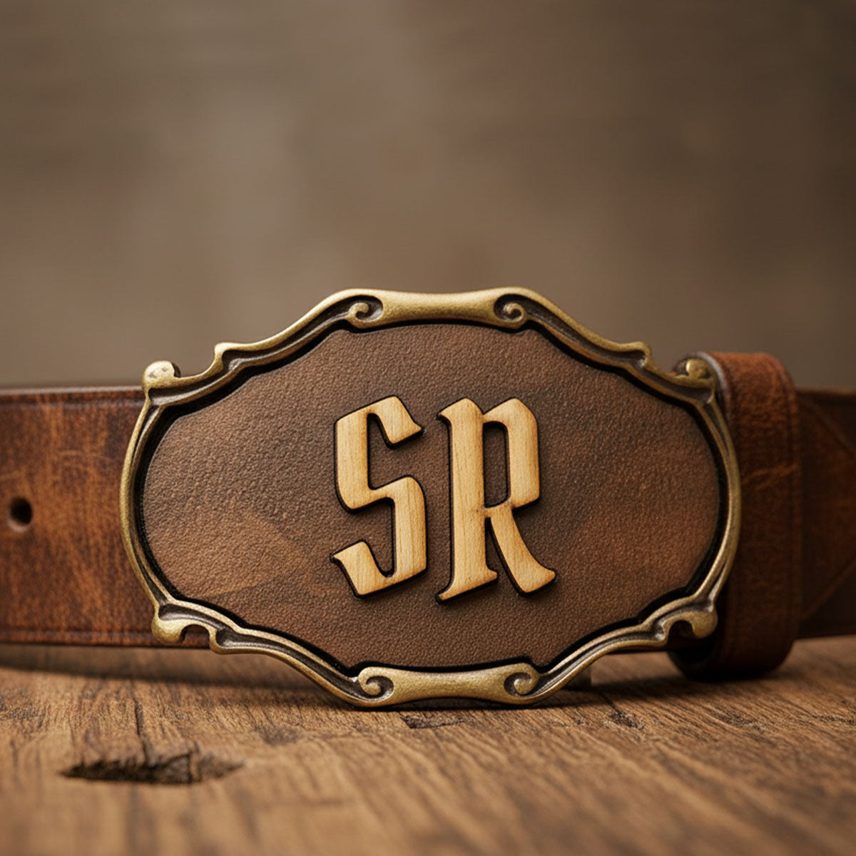 Gürtelschnalle mit Initialen Leder und Holz Kombination ab 1 Stk.