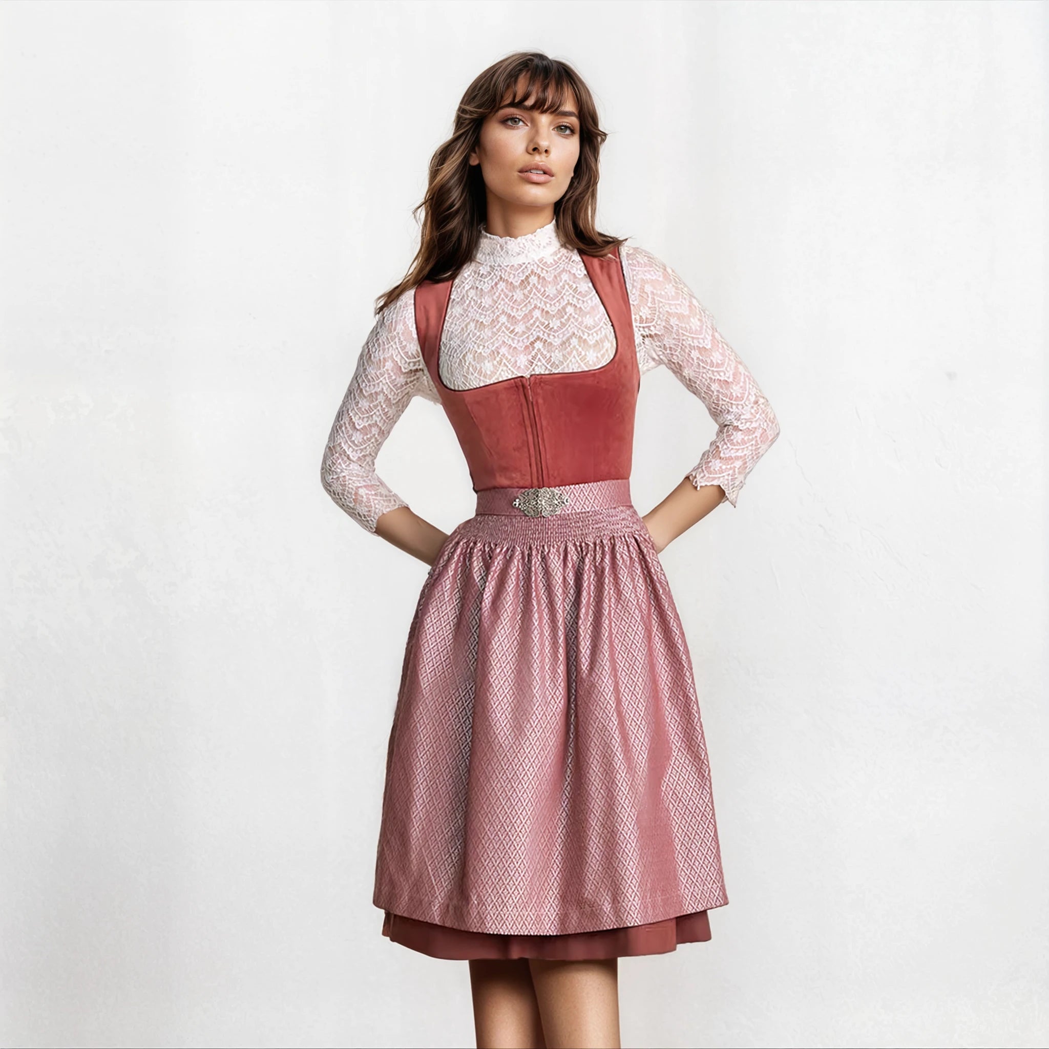 Krüger Dirndl Alisha Rost/Rosa Samtdirndl 60cm mit Reißverschluss und Schließe Farbe: Pink,  Rosa