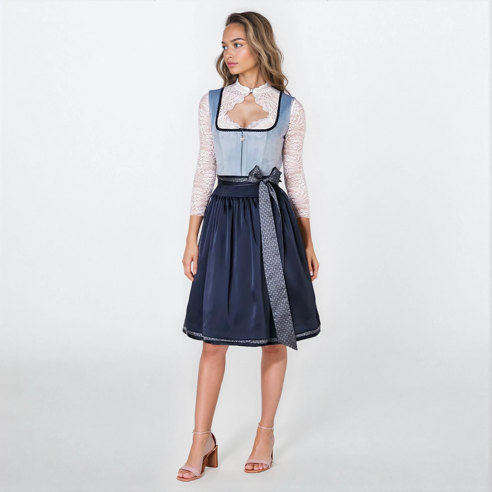 Krüger Dirndl Dena Blau/Hellblau Samt 60cm mit Reißverschluss und Schleife Farbe: Blau,  Dunkelblau,  Hellblau,  Türkis