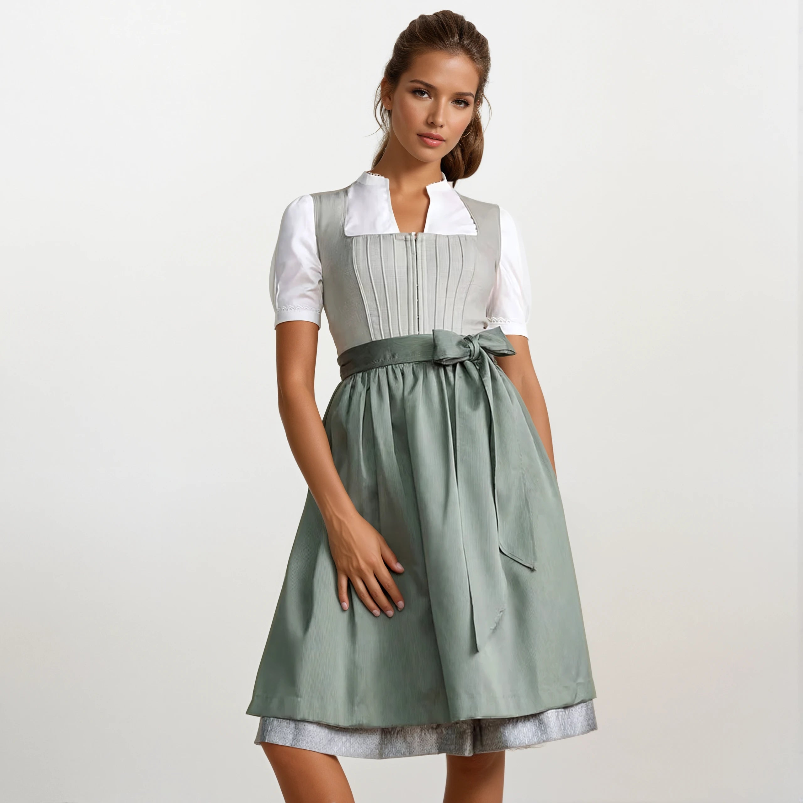 Krüger Dirndl Margit Grün 60cm Leinen Mieder mit Reißverschluss und Schleife Farbe: Grün,  Hellgrün,  Salbei