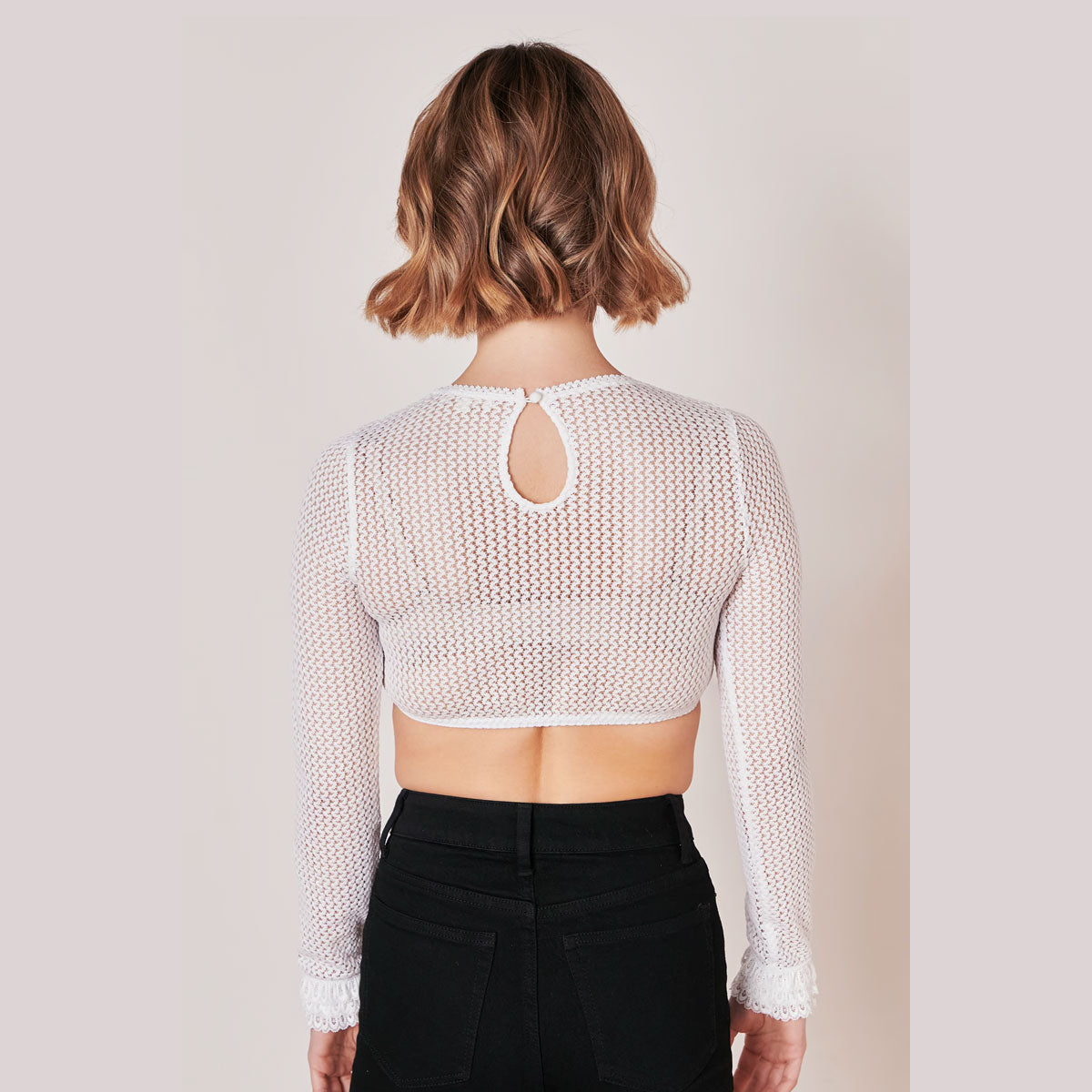 Krüger Dirndlbluse Araceli Ecru Strick-Lochmuster Hochgeschlossen - Datschi Trachten