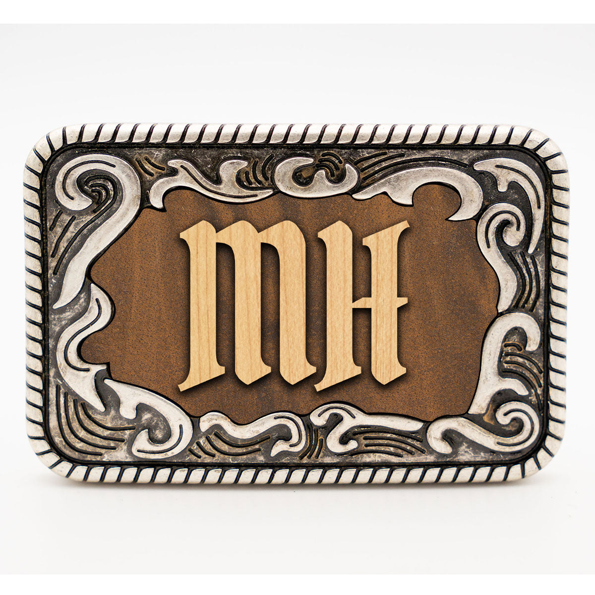 Gürtelschnalle mit Initialen Leder und Holz Kombination ab 1 Stk.