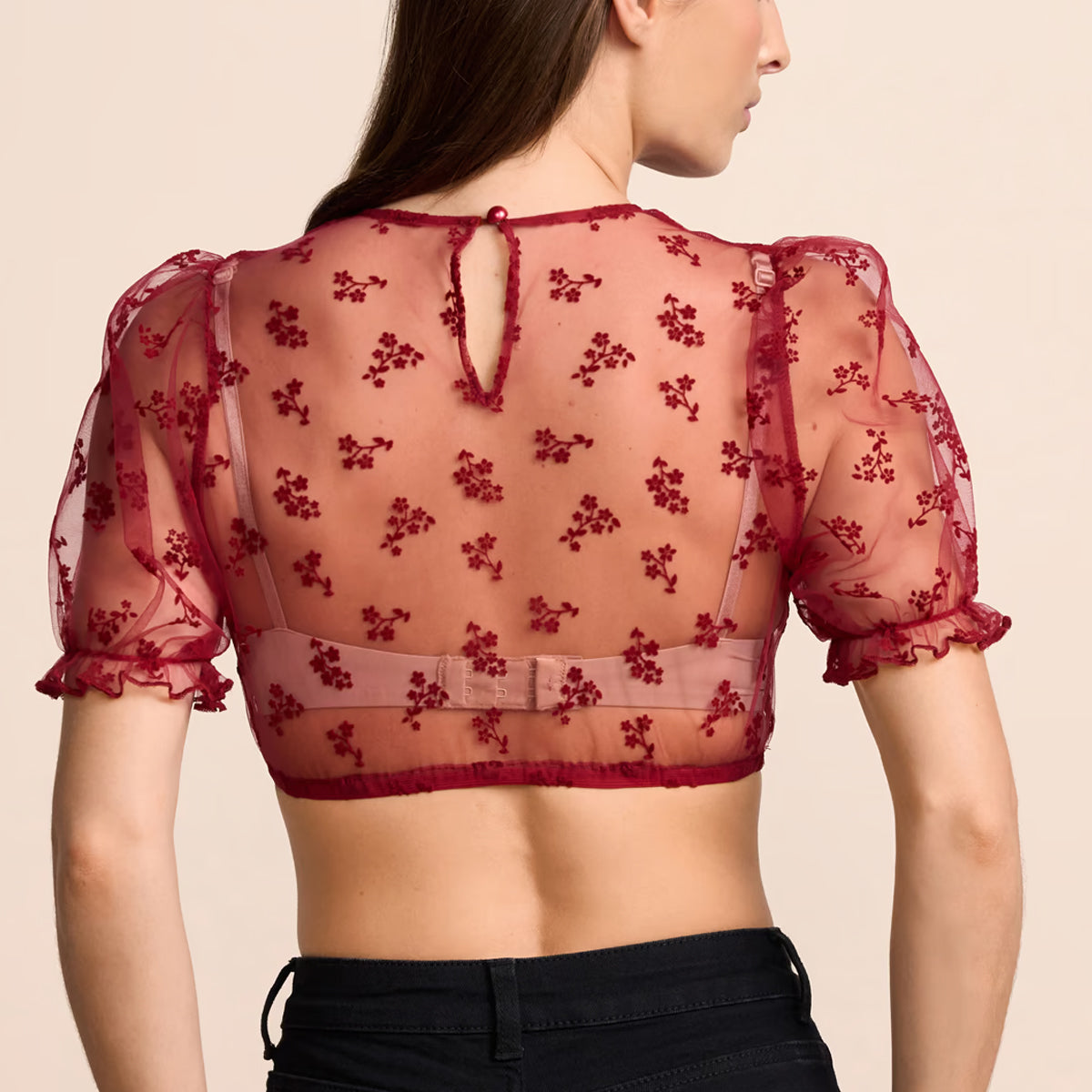 Krüger Dirndlbluse Henna Bordeaux Rot Transparent Puffarm