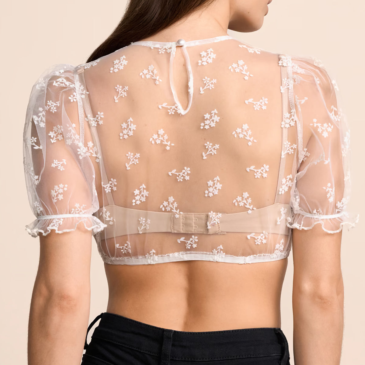 Krüger Dirndlbluse Henna Ecru Transparent mit Blümchen Puffarm