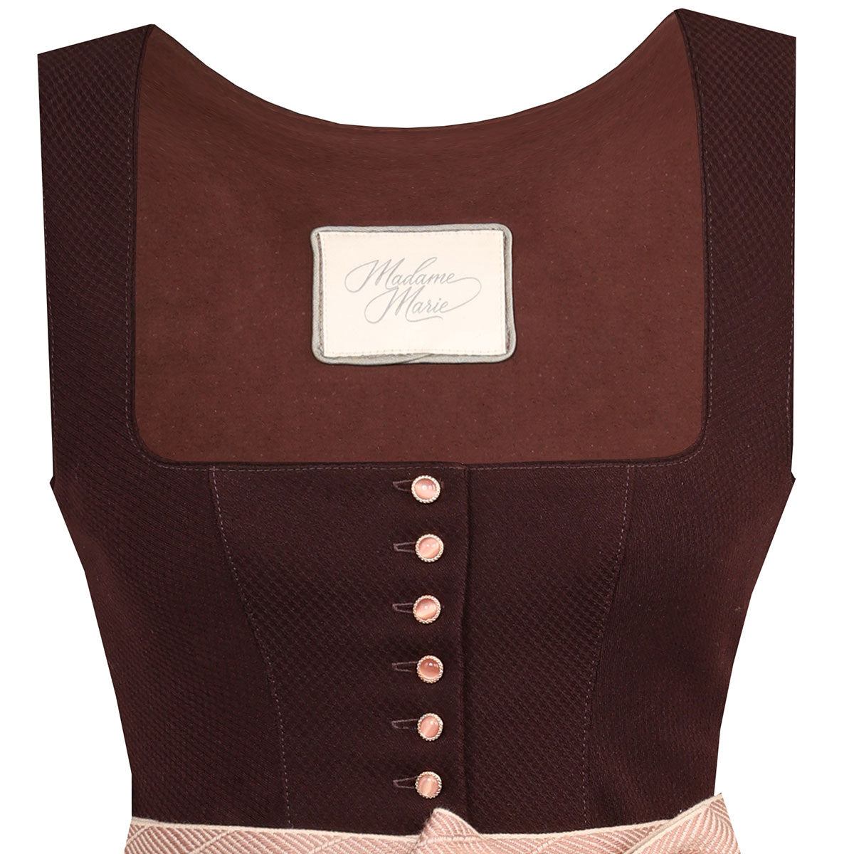 Madame Marie Dirndl Braun Schokolade Thessara Rosa Schleife Details Mieder und Knöpfe