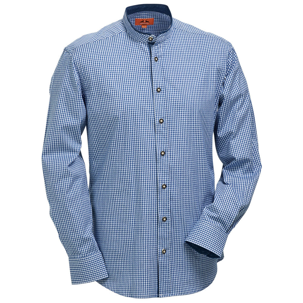 Trachtenhemd Karo Stehkragen Stretch Blau Weiß